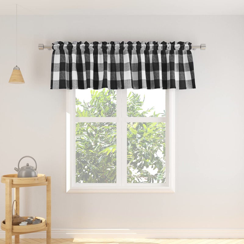 NATUS WEAVER 2 Pack Buffalo Check Valances Curtains for Living Room Windows 18" Long Classic Gingham Plaid Bedroom Bathroom Rod Pocket Country Farmhouse Kitchen Window Curtain Valances - 54"x18" Black & White - Image 4